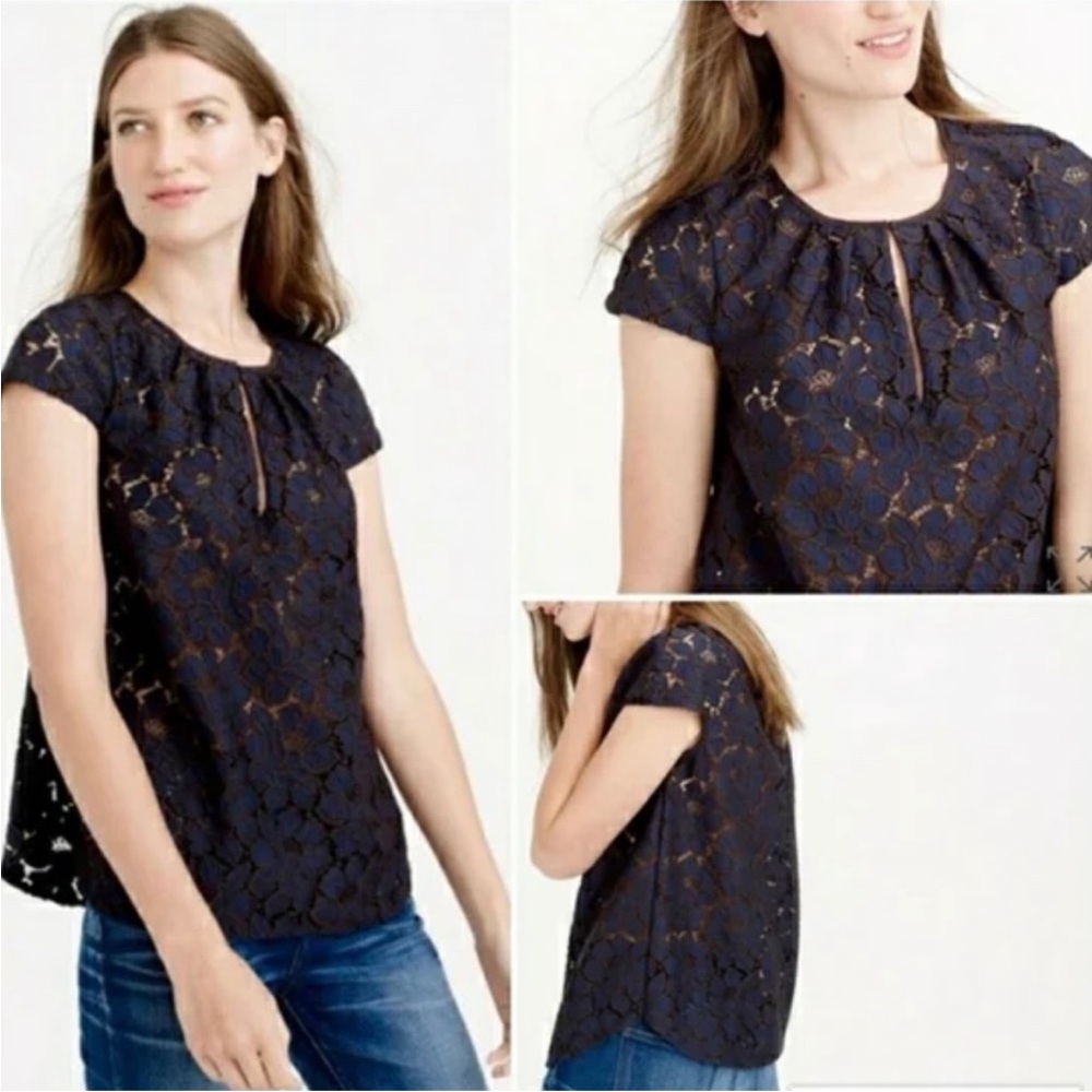 J. Crew Navy Floral Lace Blouse
